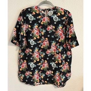 NEW Markus Lupfer 100% Silk Tee Blouse L Black Fun Flower Face Googly Eyes NWT
